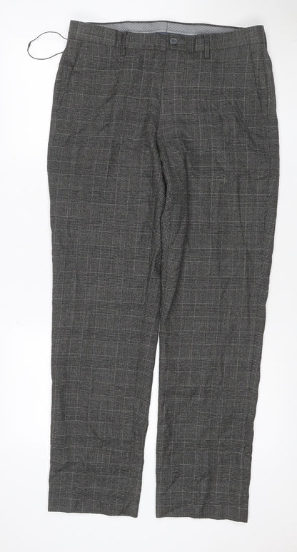 Marks and Spencer Men Grey 32 Regular Check Flat Front Dress Trousers