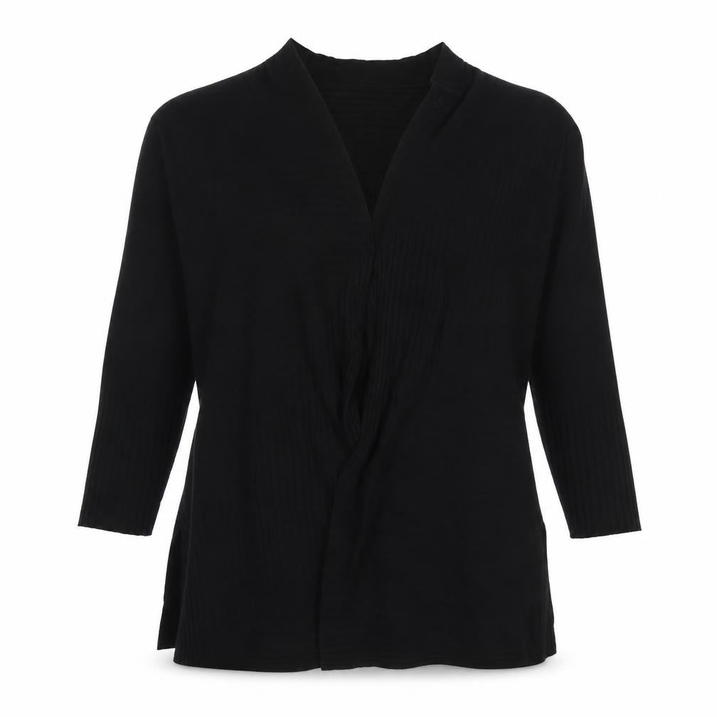 Front view of Masai Women’s Black M Wrap Cardigan V-Neck Viscose Wool Knit