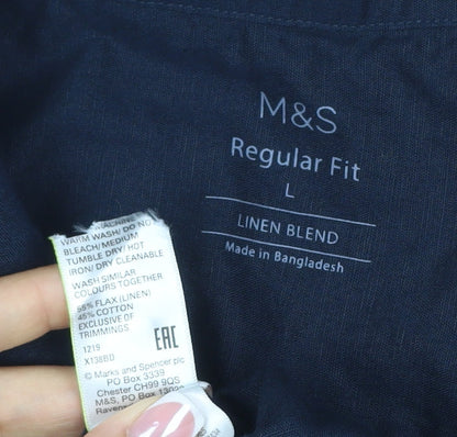 Marks and Spencer Men's Blue L Regular Fit Linen Blend Short Sleeve Shirt