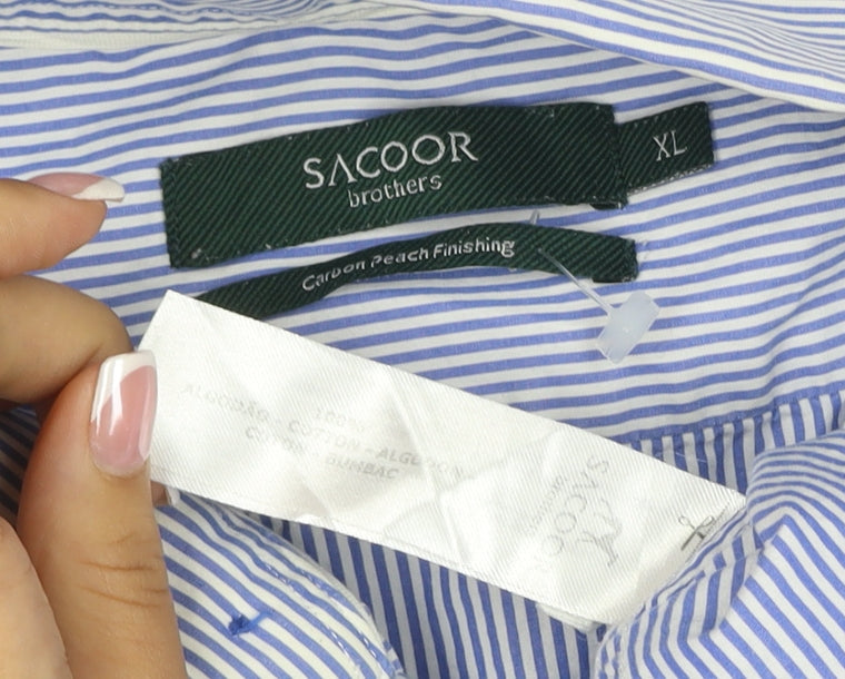 Sacoor Brothers Men’s Blue Stripe XL Cotton Button-Down Shirt