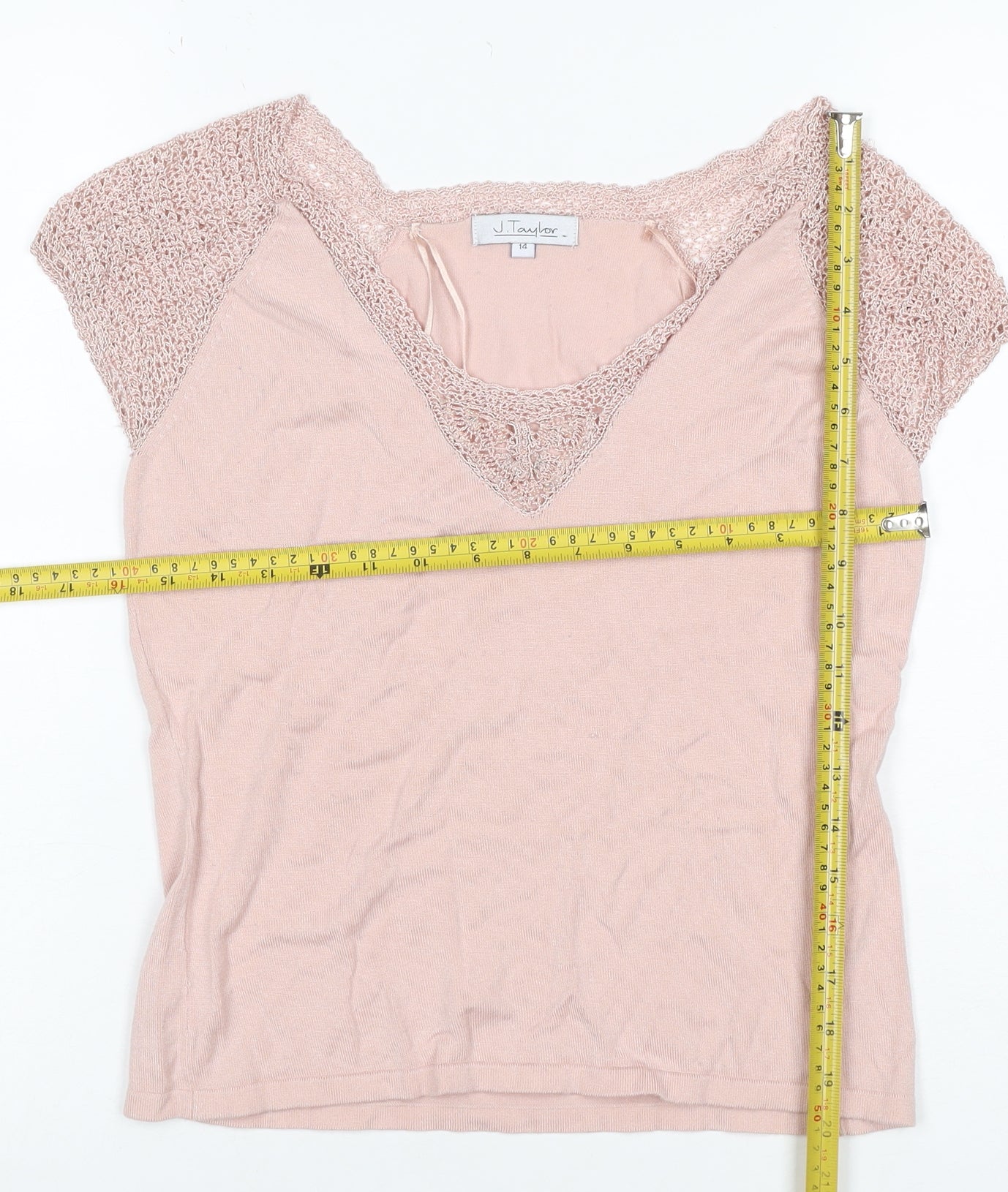 J Taylor Women’s Pink Size 14 V-Neck Crochet Cap Sleeve Knit Blouse