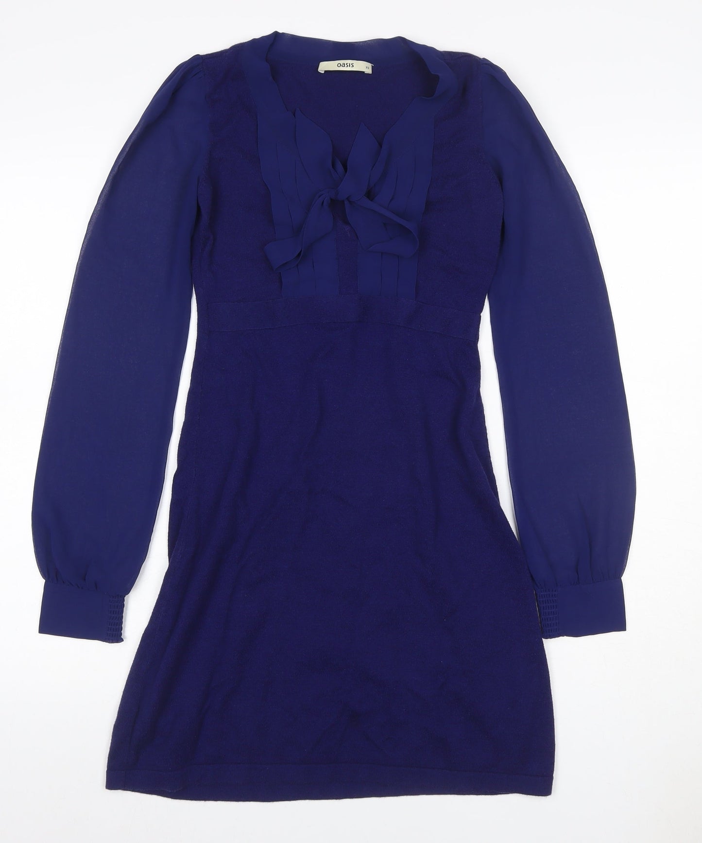 Oasis Women’s Blue XS Knit Jumper Dress Ruffle Bow V-Neck