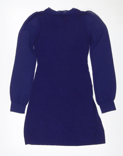 Oasis Women’s Blue XS Knit Jumper Dress Ruffle Bow V-Neck