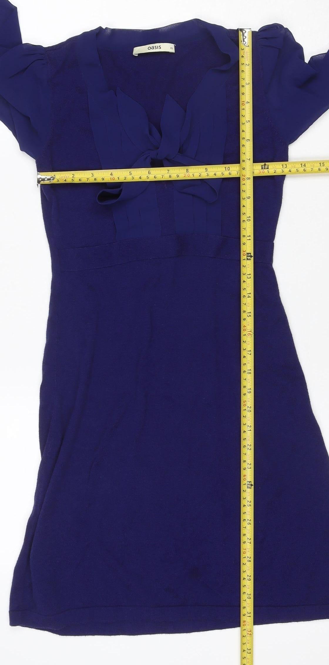 Oasis Women’s Blue XS Knit Jumper Dress Ruffle Bow V-Neck