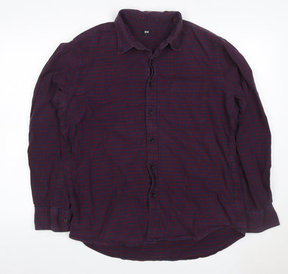 Uniqlo Men's Blue Red Check Cotton Button-Up Shirt L