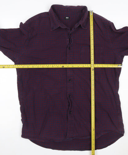 Uniqlo Men's Blue Red Check Cotton Button-Up Shirt L