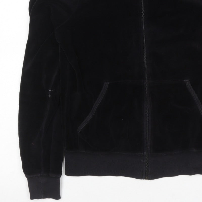 Juicy Couture Women Black L Velour Full Zip Hooded Hoodie Pockets
