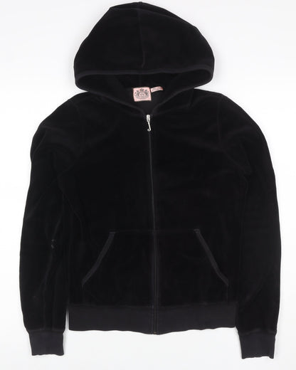 Juicy Couture Women Black L Velour Full Zip Hooded Hoodie Pockets