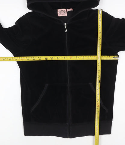 Juicy Couture Women Black L Velour Full Zip Hooded Hoodie Pockets