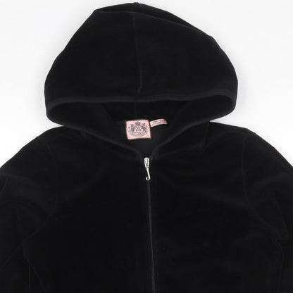 Juicy Couture Women Black L Velour Full Zip Hooded Hoodie Pockets
