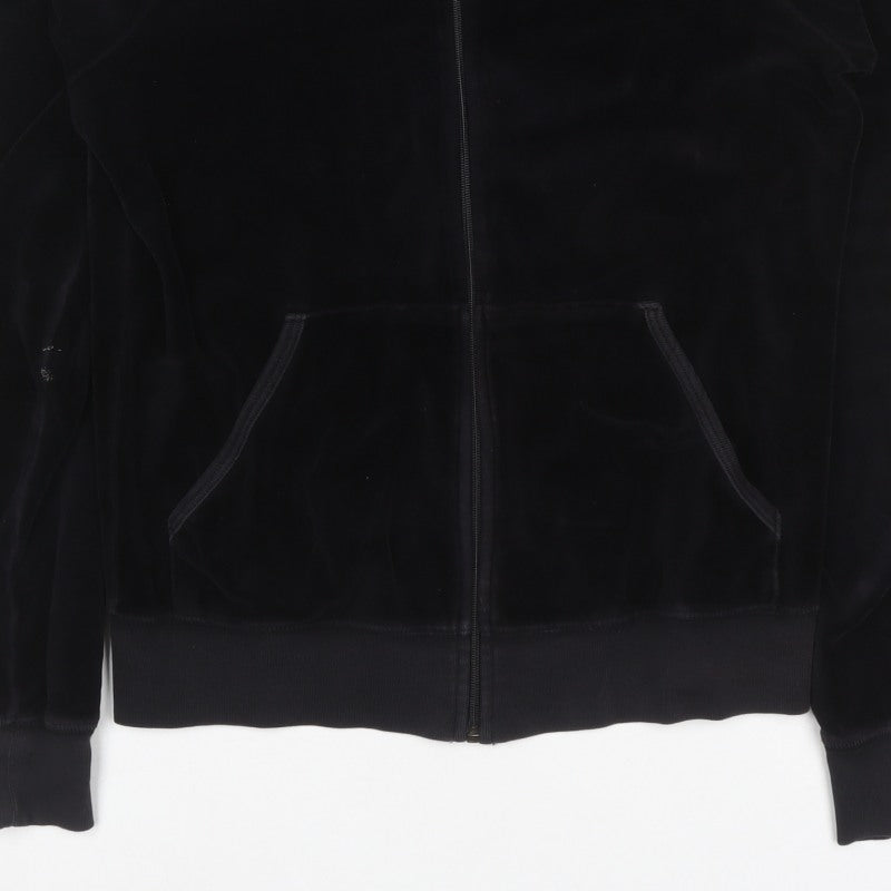 Juicy Couture Women Black L Velour Full Zip Hooded Hoodie Pockets