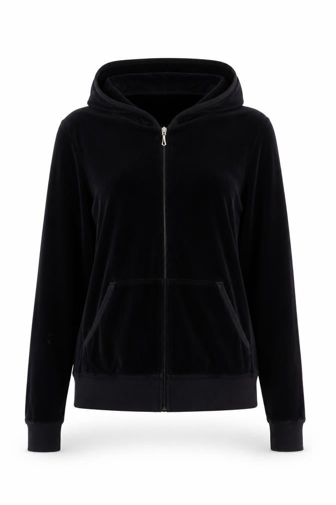 Juicy Couture Women Black L Velour Full Zip Hooded Hoodie Pockets