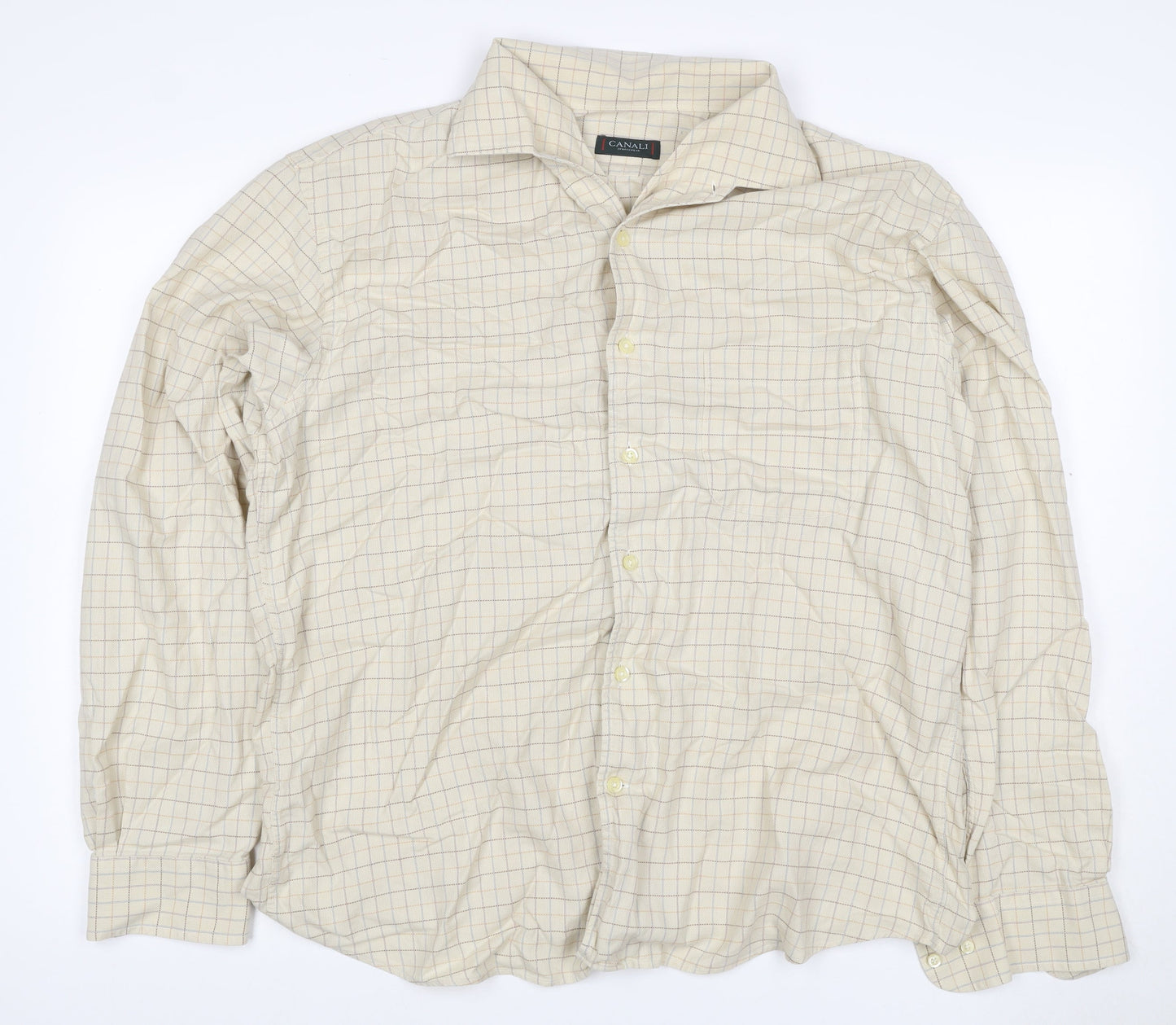 Canali Men’s Beige Check Cotton Long Sleeve Button-Up Shirt XL