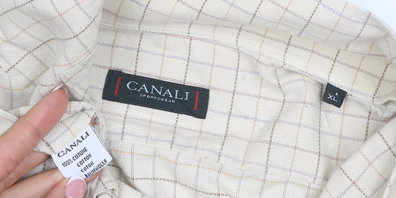 Canali Men’s Beige Check Cotton Long Sleeve Button-Up Shirt XL