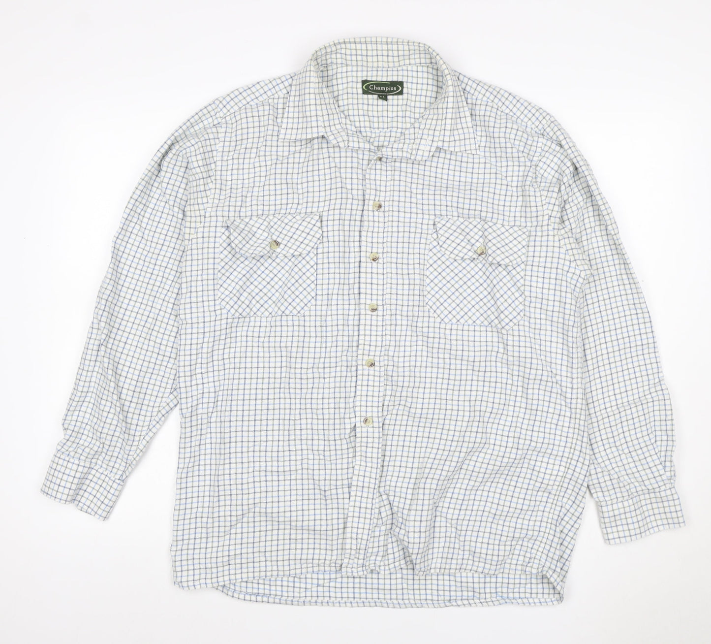 Champion Men’s XL White Blue Check Long Sleeve Button-Up Shirt