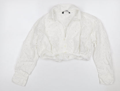 Zara Women White S Cropped Floral Broderie Anglaise Button-Up Blouse