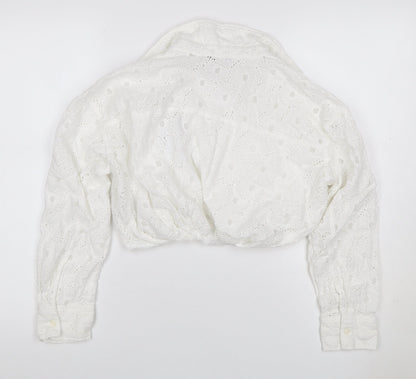 Zara Women White S Cropped Floral Broderie Anglaise Button-Up Blouse