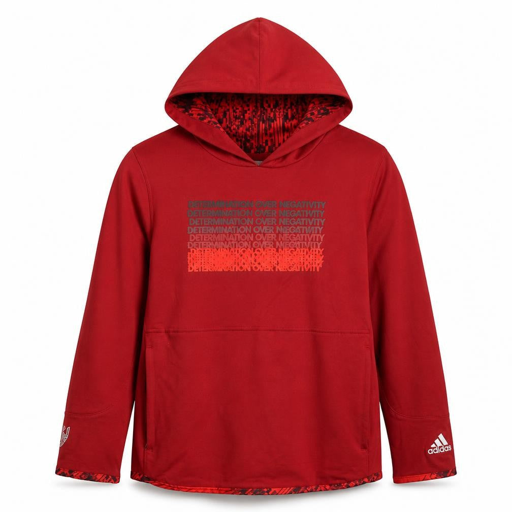 Front view of adidas boys’ red 11-12 years pullover hoodie graphic print sports