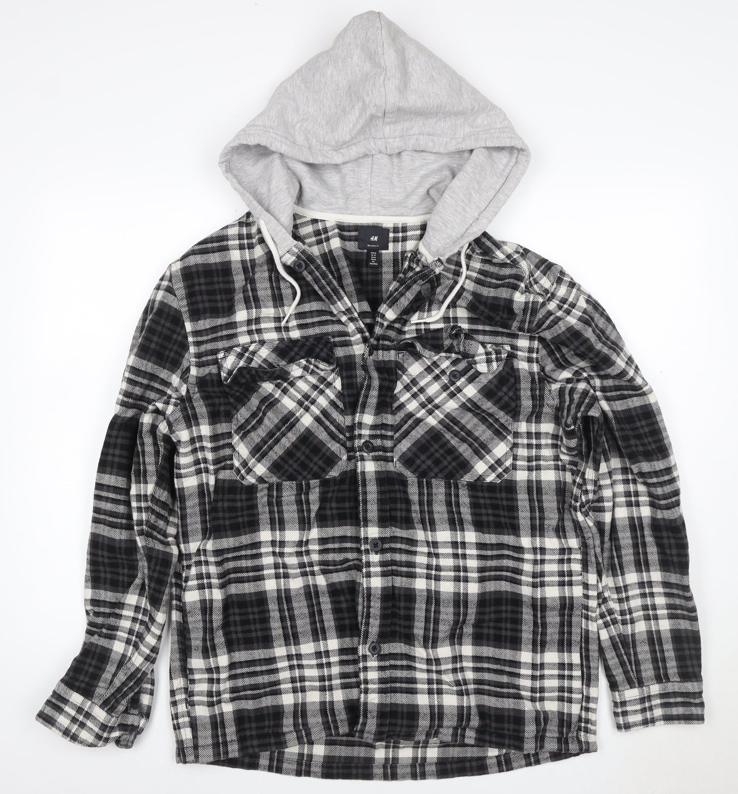 H&M Men’s Black Grey Plaid Hooded Shacket Jacket Size M