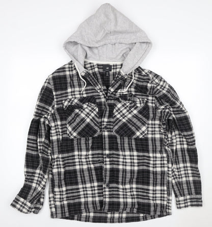 H&M Men’s Black Grey Plaid Hooded Shacket Jacket Size M