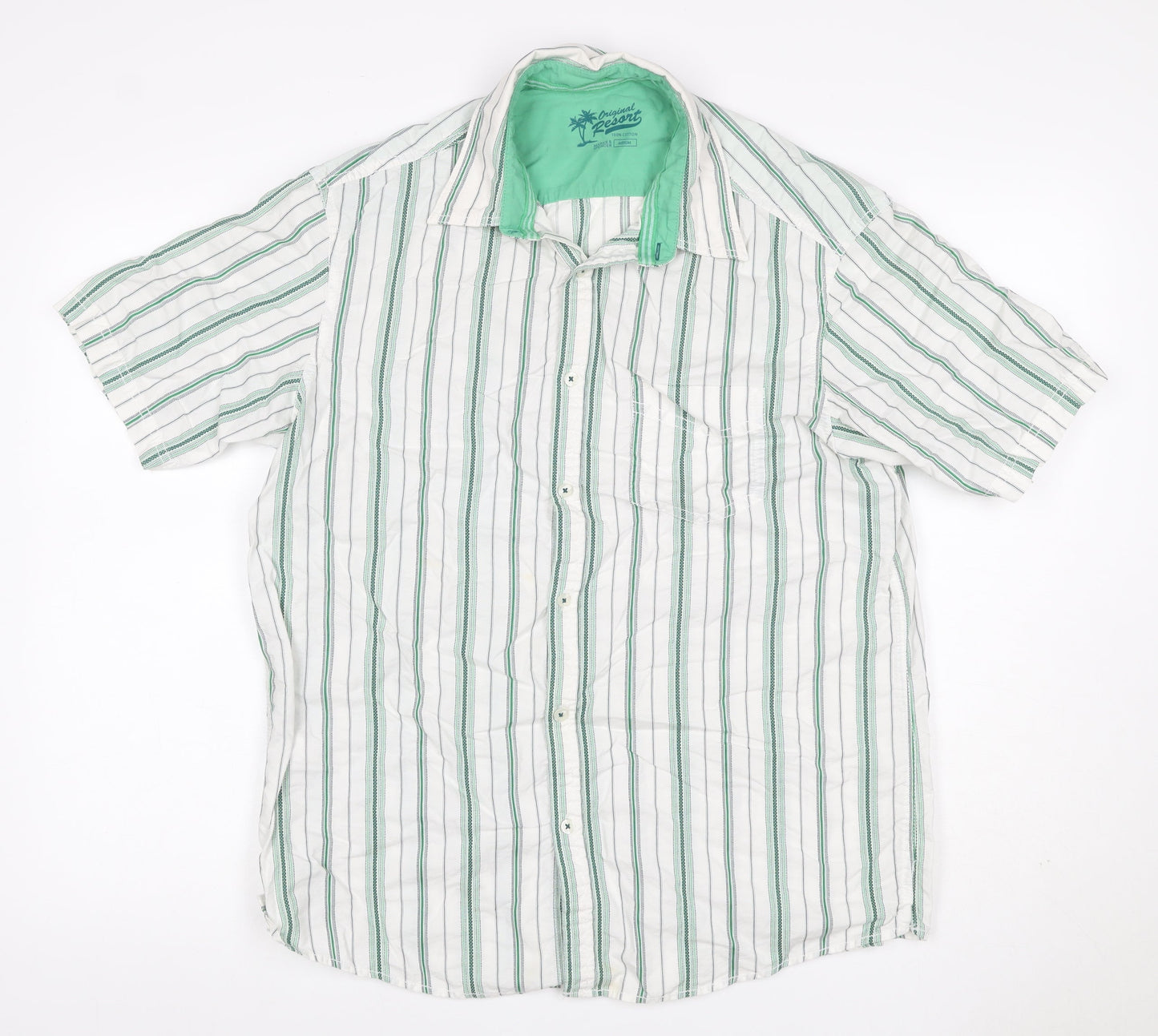 Marks and Spencer Men White Green Striped Cotton Resort Shirt M