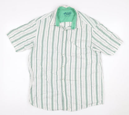Marks and Spencer Men White Green Striped Cotton Resort Shirt M