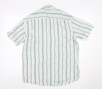 Marks and Spencer Men White Green Striped Cotton Resort Shirt M