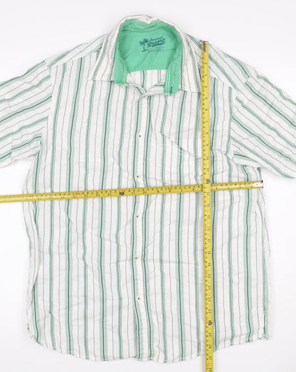 Marks and Spencer Men White Green Striped Cotton Resort Shirt M