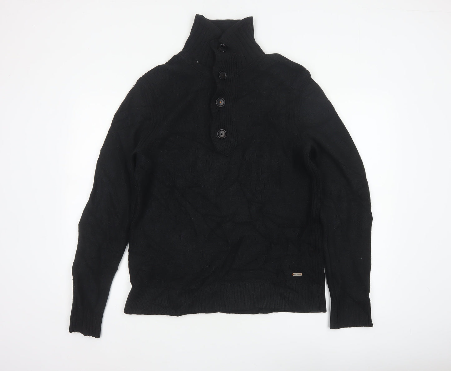 BOSS Hugo Boss Men Black M Wool Blend Cable Knit High Neck Henley Jumper