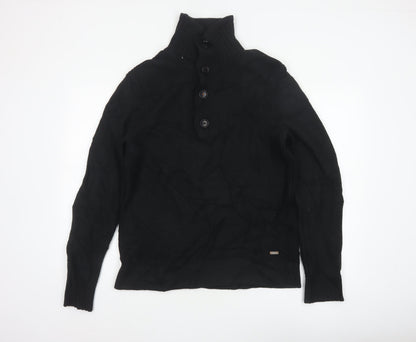 BOSS Hugo Boss Men Black M Wool Blend Cable Knit High Neck Henley Jumper