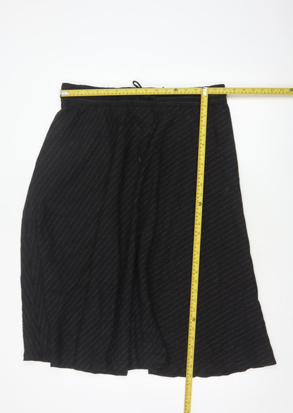 M&S Women Black Pinstripe Flared Midi Skirt Size 16 Elastic Waist