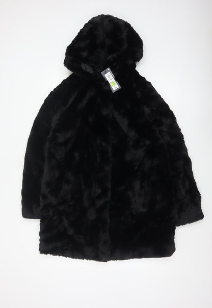 Marks and Spencer Women Black Size 12 Hooded Faux Fur Long Coat