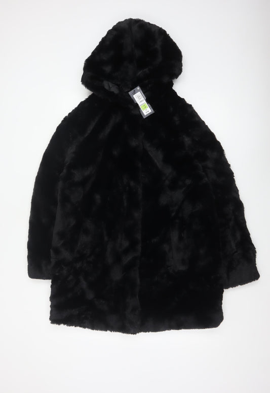 Marks and Spencer Women Black Size 12 Hooded Faux Fur Long Coat