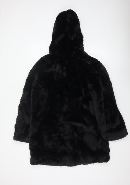 Marks and Spencer Women Black Size 12 Hooded Faux Fur Long Coat