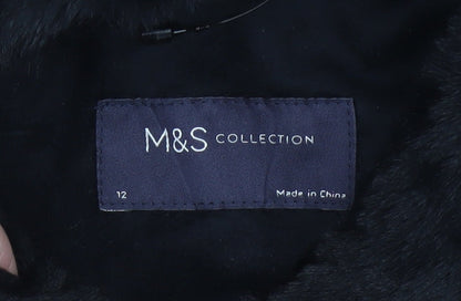 Marks and Spencer Women Black Size 12 Hooded Faux Fur Long Coat
