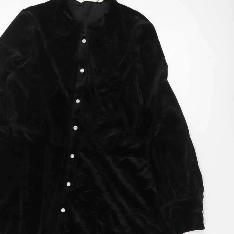 Zara Women Black M Velvet Fit & Flare Button Shirt Dress