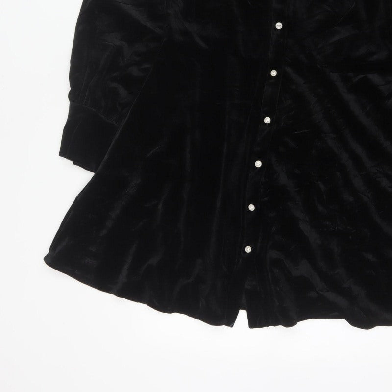 Zara Women Black M Velvet Fit & Flare Button Shirt Dress