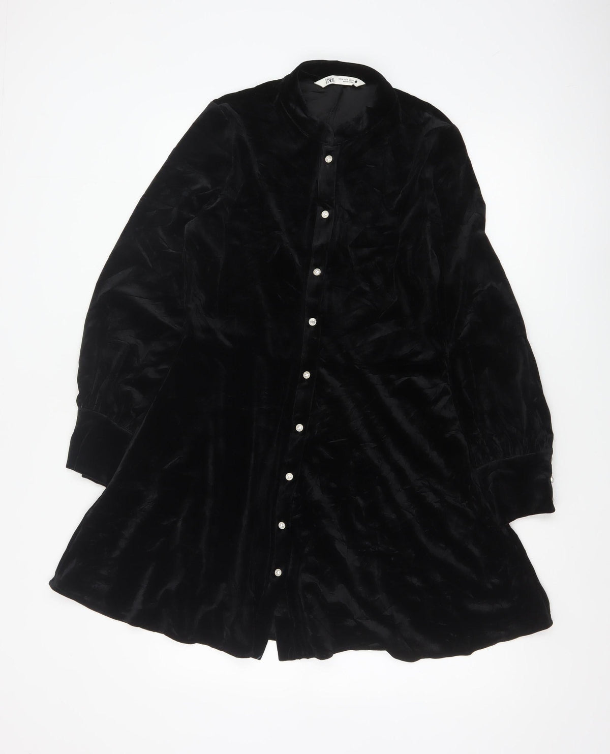 Zara Women Black M Velvet Fit & Flare Button Shirt Dress