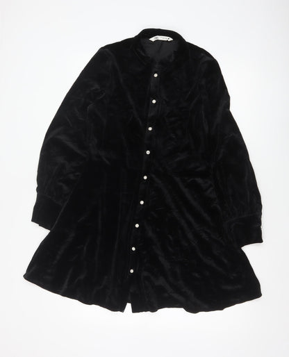 Zara Women Black M Velvet Fit & Flare Button Shirt Dress