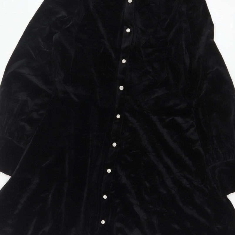 Zara Women Black M Velvet Fit & Flare Button Shirt Dress