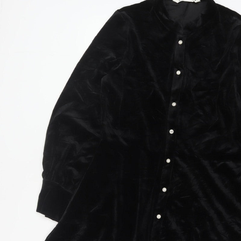 Zara Women Black M Velvet Fit & Flare Button Shirt Dress
