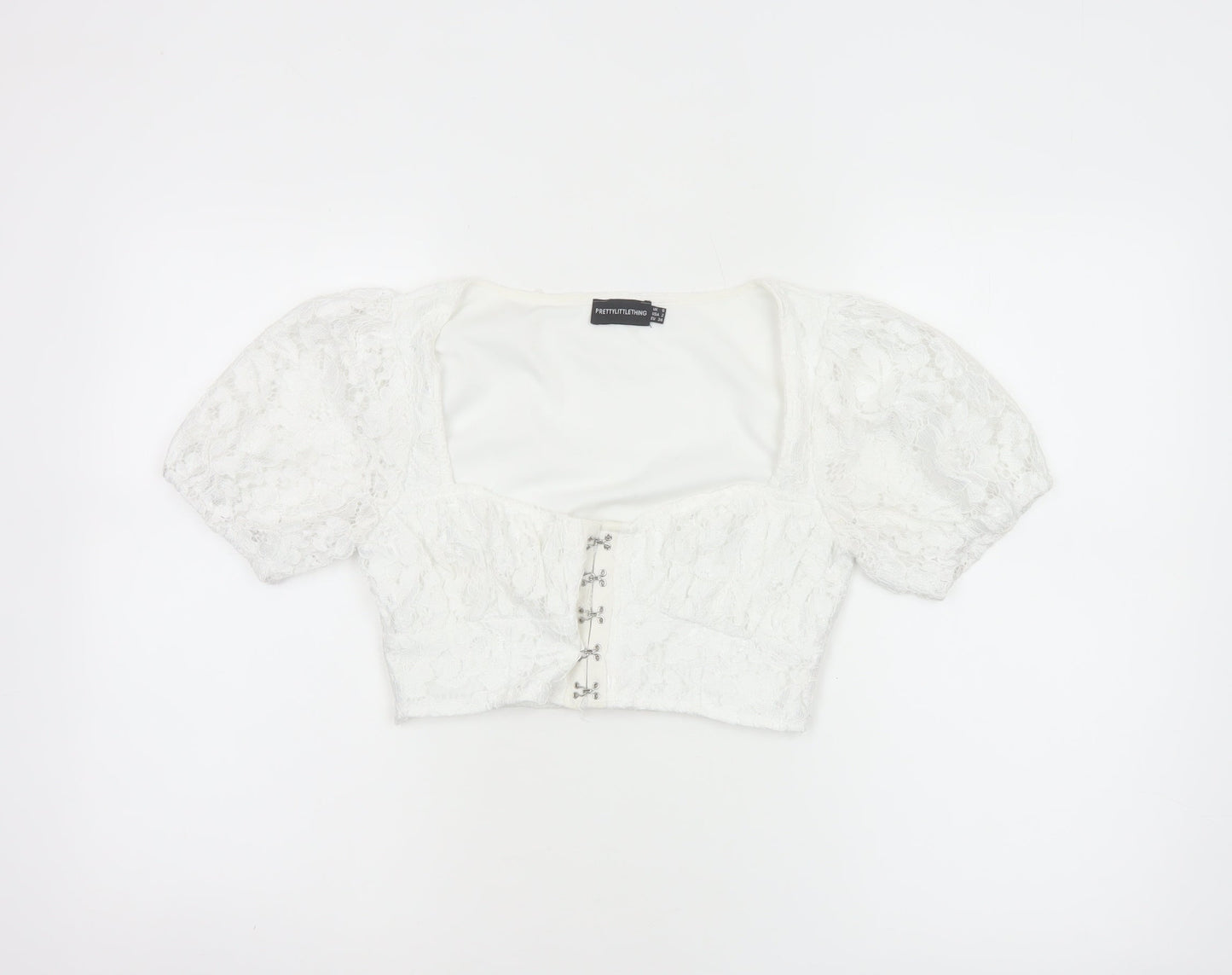PrettyLittleThing Women White UK 6 Cropped Lace Puff Sleeve Blouse
