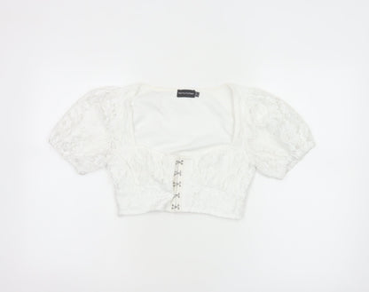 PrettyLittleThing Women White UK 6 Cropped Lace Puff Sleeve Blouse