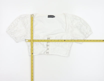 PrettyLittleThing Women White UK 6 Cropped Lace Puff Sleeve Blouse