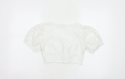 PrettyLittleThing Women White UK 6 Cropped Lace Puff Sleeve Blouse