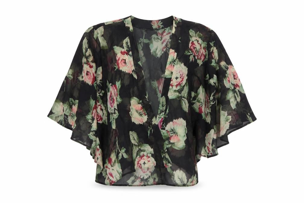 New Look Women’s Black Floral Kimono Blouse Size 8 Sheer Chiffon