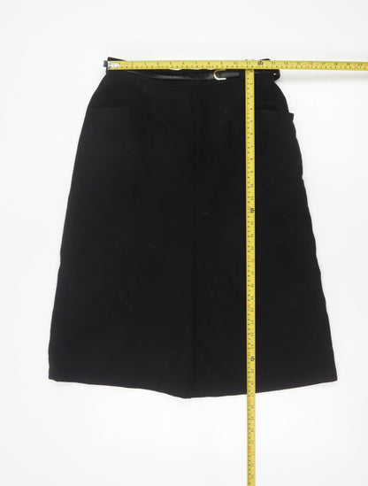 BHS Women’s Black Wool Blend A-Line Knee Length Belted Skirt UK 14