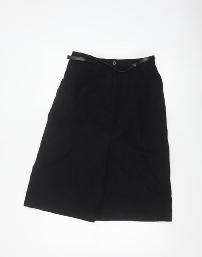 BHS Women’s Black Wool Blend A-Line Knee Length Belted Skirt UK 14