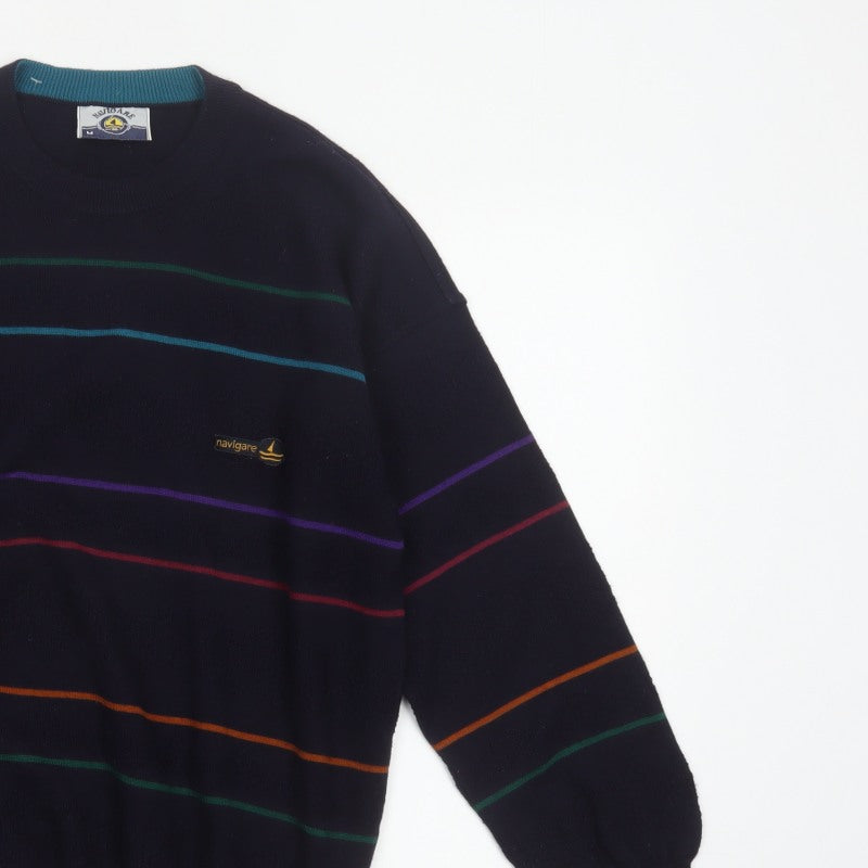 Navigare Men’s Navy Striped Logo Crew Neck Knit Pullover Jumper M