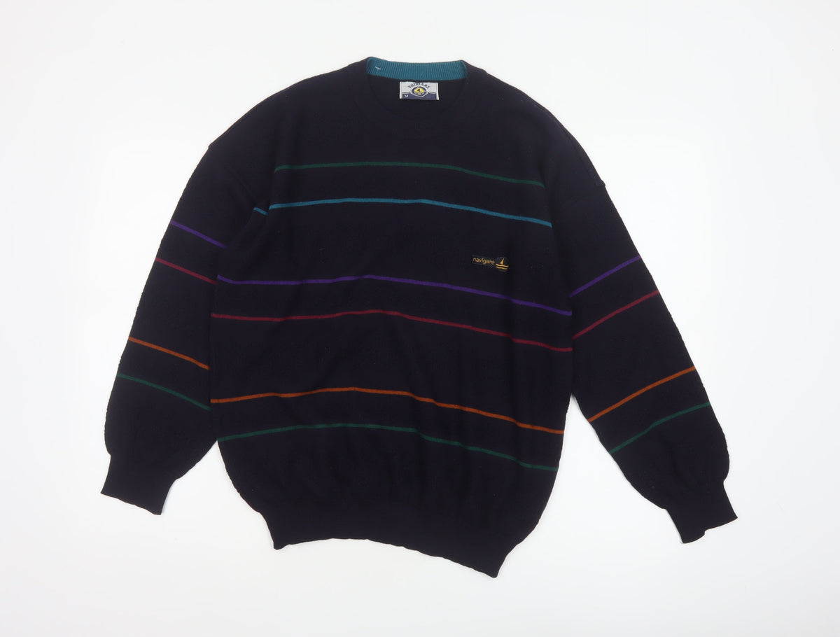 Navigare Men’s Navy Striped Logo Crew Neck Knit Pullover Jumper M